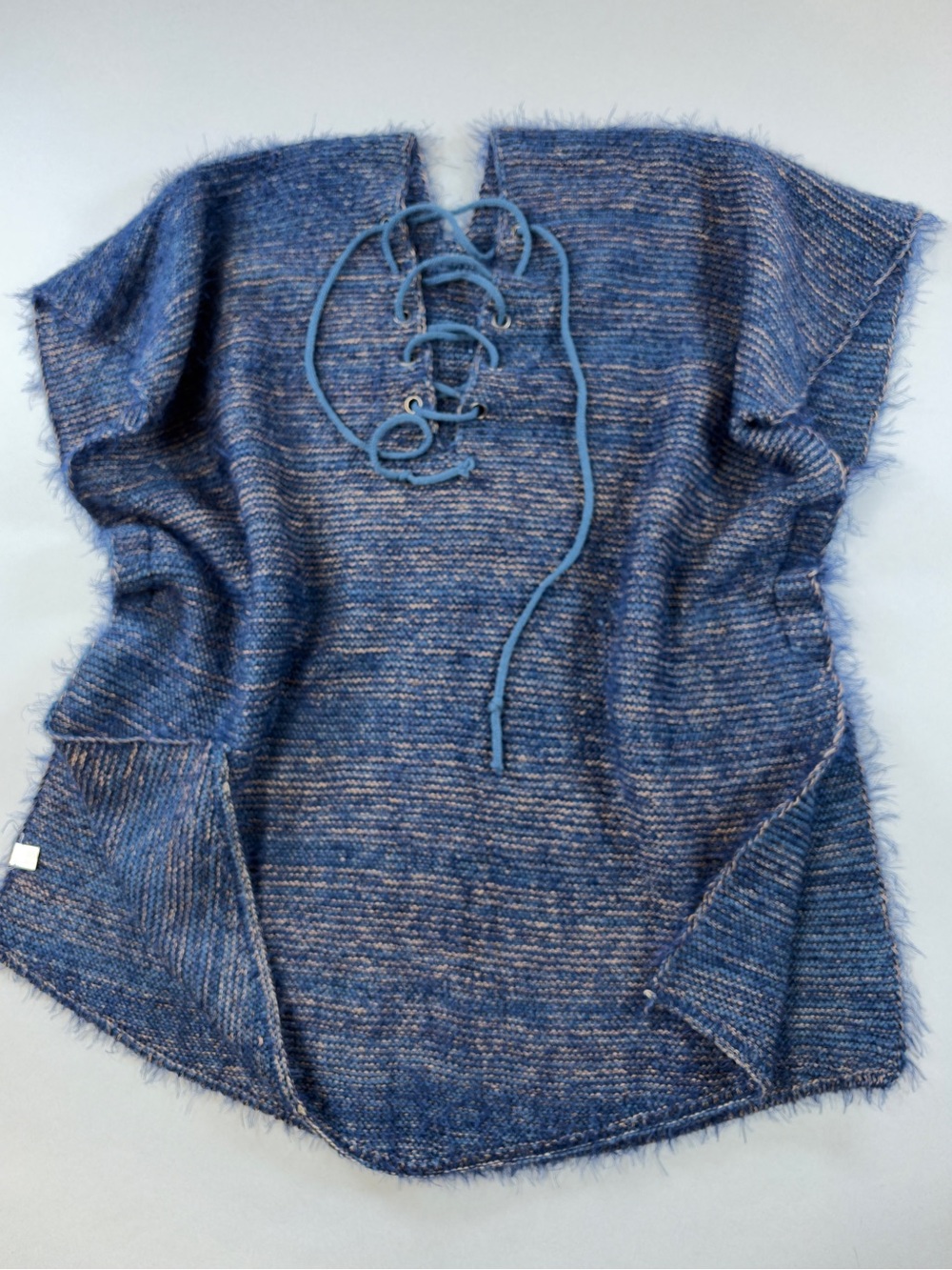 Blue and Beige Marled Knit Lace Up Poncho Sweater Top 100% Viscose Boho